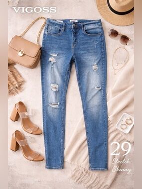 Vigoss Distressed Stretch Skinny Jeans - Medium Blue Wash